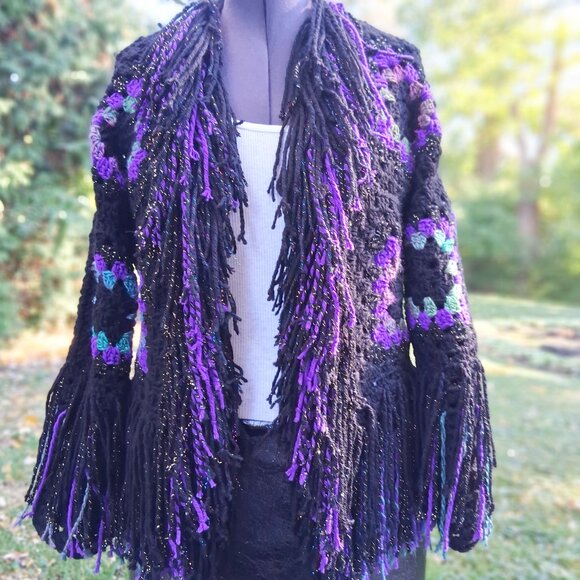 Granny Square Super Fringe Black Purple Greens L/XL - Picture 5 of 12